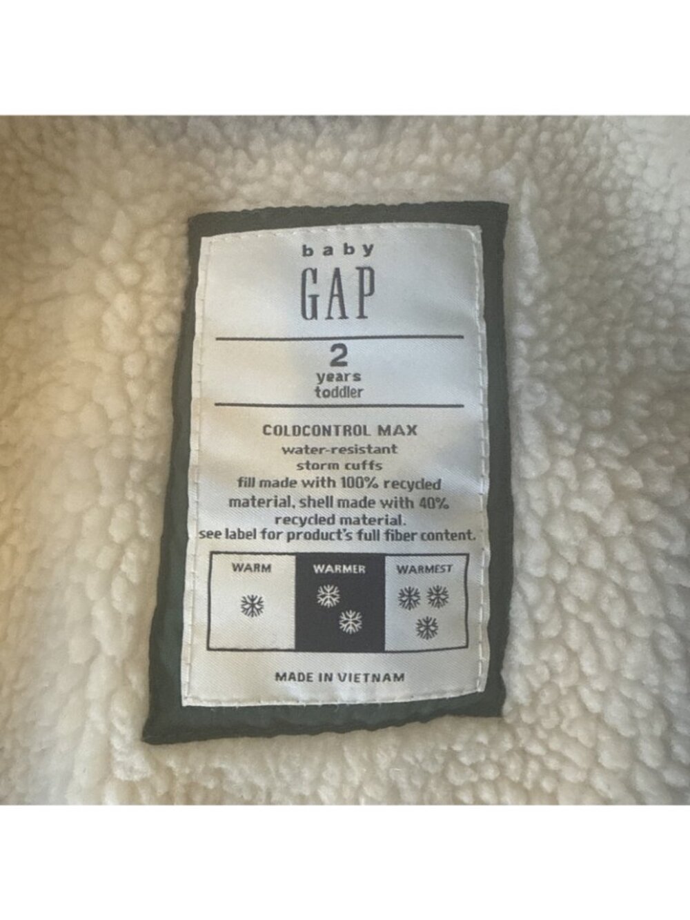 Gap Boys Toddler Puffer Jacket Hooded Olive Green Fleece Lined 2T Sherpa - Picture 11 of 14